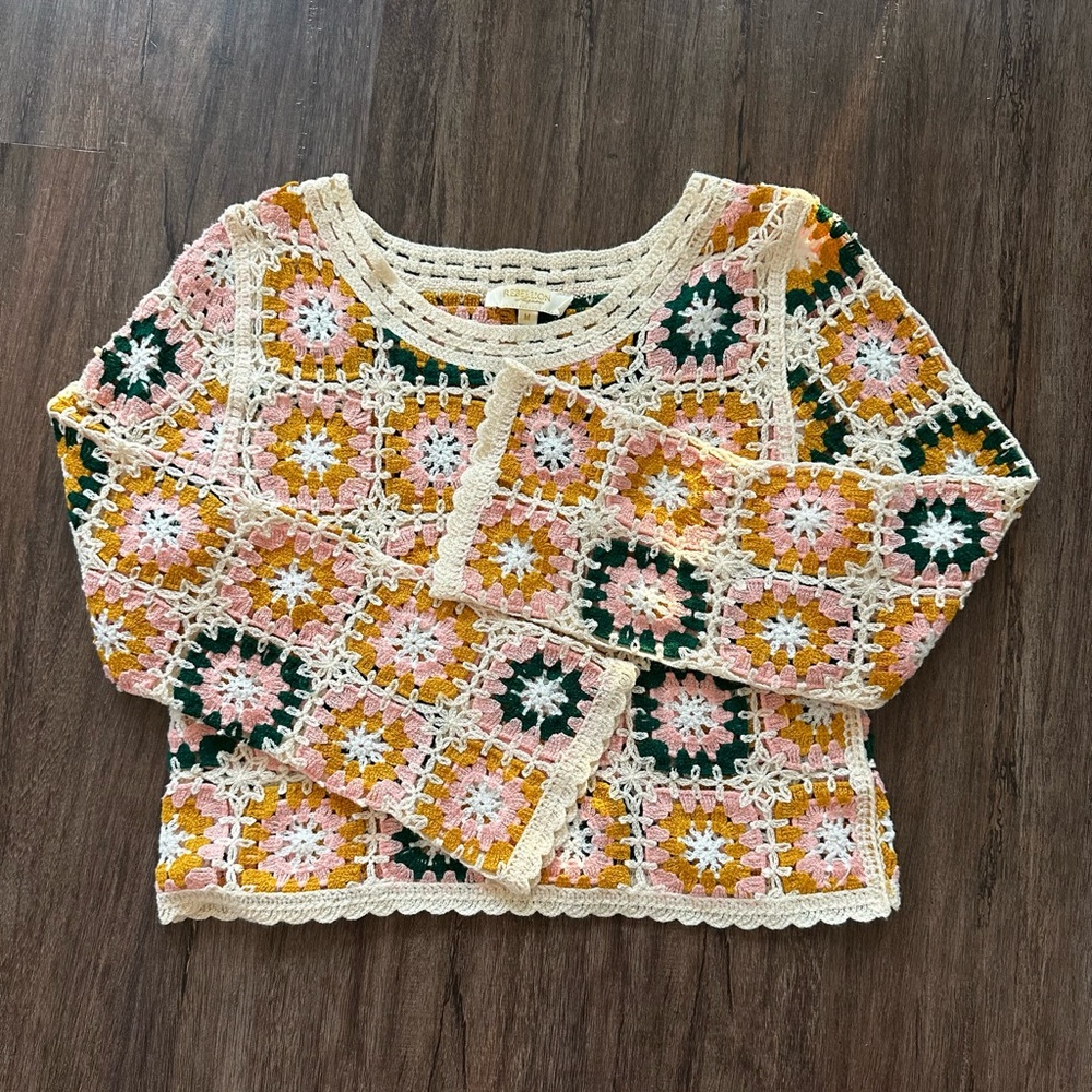 Rebellion Lightweight Granny Square Crochet Sweater. Multicolor. Size M.
